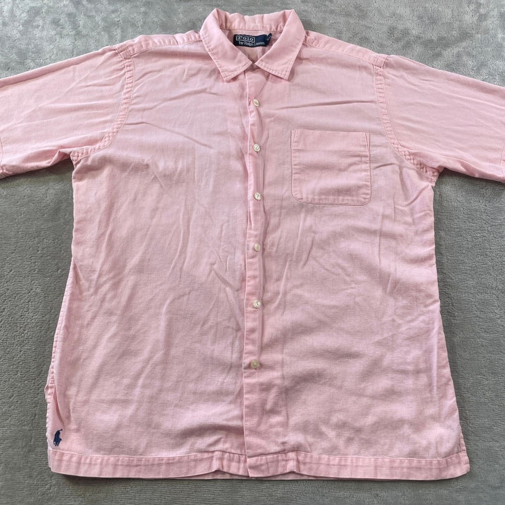Polo Ralph Lauren Camp Shirt Mens Medium Pink Linen Blend Preppy Luxury Summer